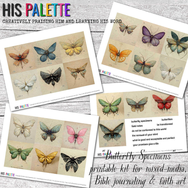 Butterfly Specimens printable kit for mixed-media, Bible journaling and faith art