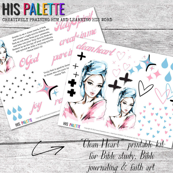 Clean Heart printable kit for mixed-media, Bible journaling and faith art