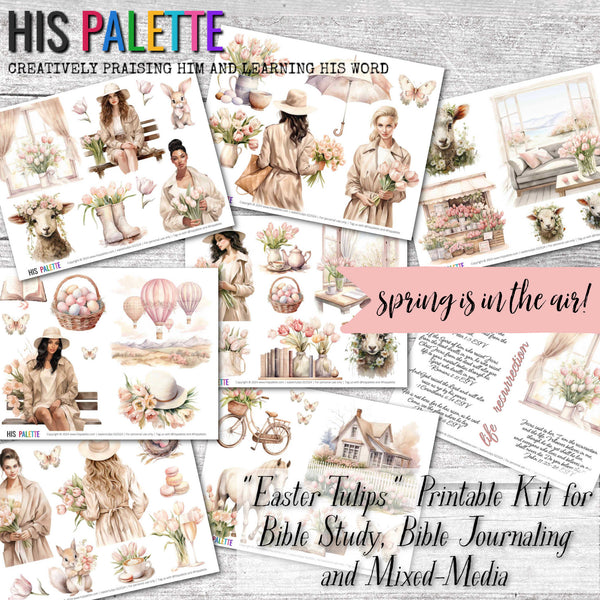 Easter Tulips printable kit for mixed-media, Bible journaling and faith art