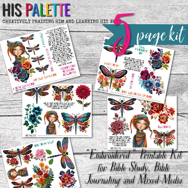 Embroidered printable kit for mixed-media, Bible journaling and faith art