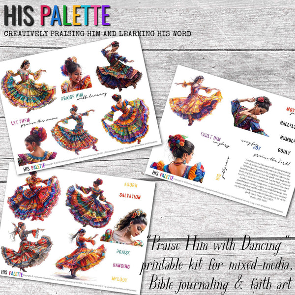 Praise Him with Dancing printable kit for mixed-media, Bible journaling and faith art