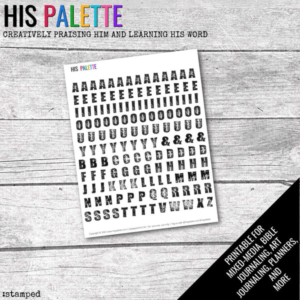 Stamped alpha printable for mixed-media, Bible journaling and faith art