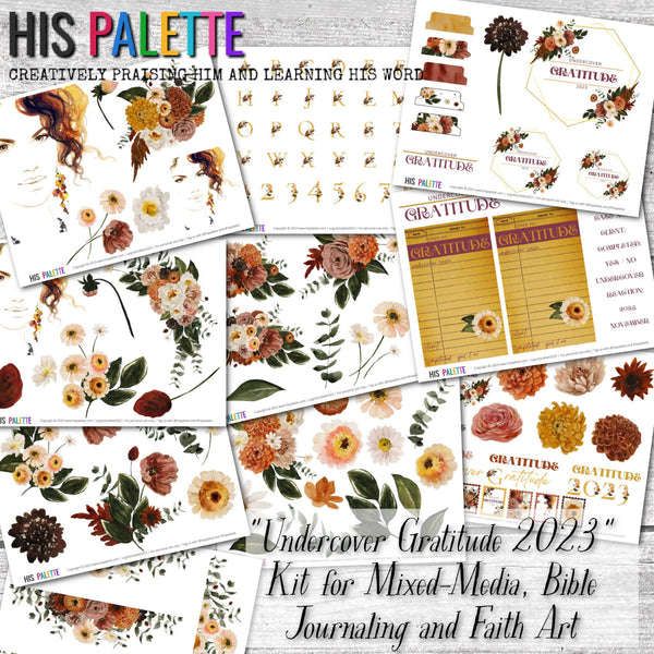 Undercover Gratitude 2023 printable kit for mixed-media, Bible journaling and faith art