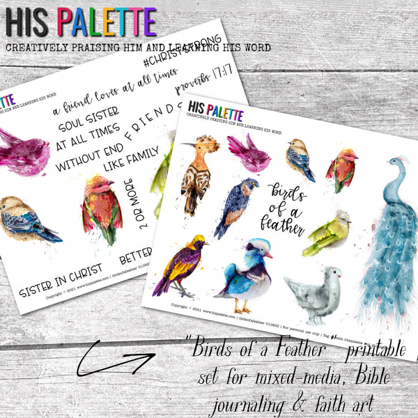 Birds of a Feather printable set for mixed-media, Bible journaling and faith art