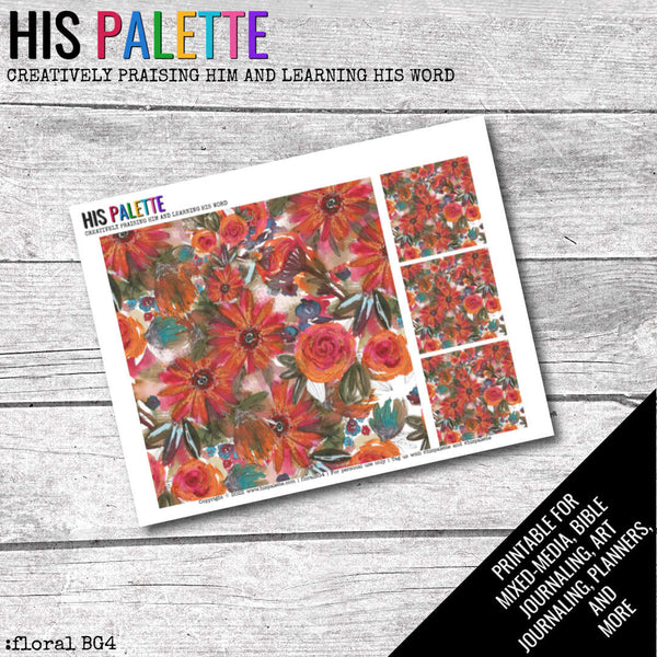 Floral BG4 printable background for mixed-media, Bible journaling and planners