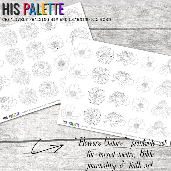 Flowers Galore hand-drawn printable set for mixed-media, Bible journaling and faith art