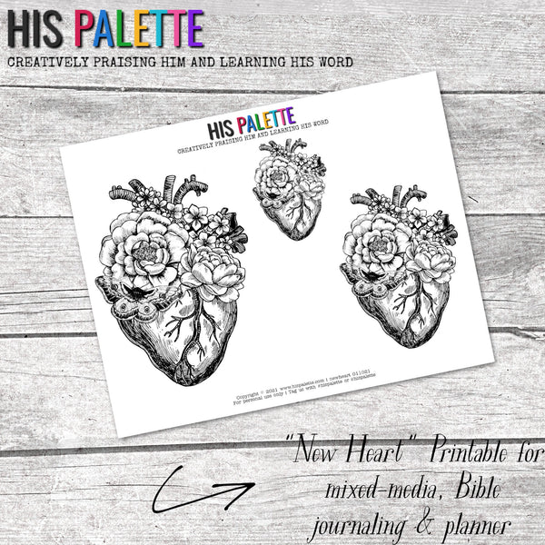 New Heart Printable for Mixed-Media, Bible Journaling and Faith Art