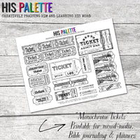 Monochrome Tickets printable for mixed-media, Bible journaling and planner