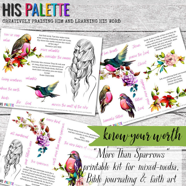 More Than Sparrows printable kit for mixed-media, Bible journaling and faith art