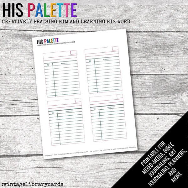 Vintage Library Cards Printable for Mixed-Media, Bible Journaling and Faith Art